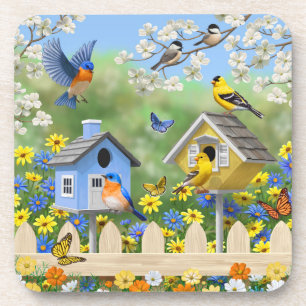 Posavasos Bluebirds Goldfinches Birdhouses Flower Garden