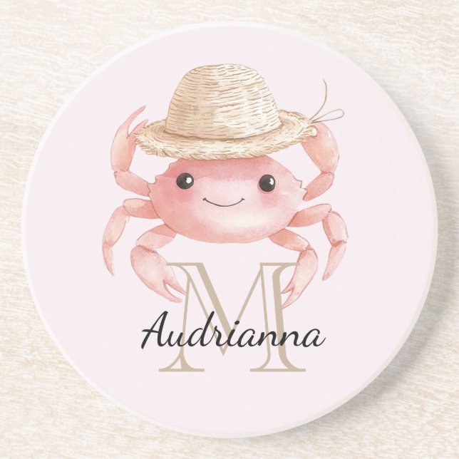 Posavasos Blush Pink Crab with Hat Monogram (Frente)