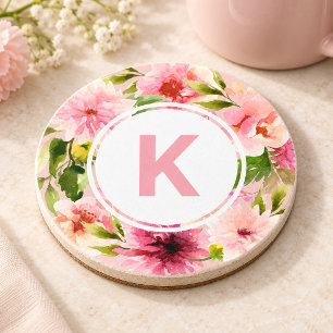 Posavasos Blush Pink Spring Watercolor Flowers Monogram