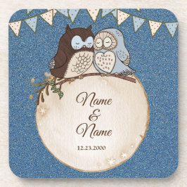 Posavasos Boda Azul Marrón Búho Brillo Hermoso Bebida 