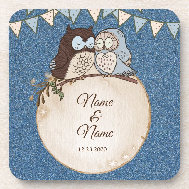 Posavasos Boda Azul Marrón Búho Brillo Hermoso Bebida  (Frente)