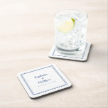 Posavasos Boda blanco azul Minimalista moderno recién casado<br><div class="desc">La montaña rusa sencilla, minimalista y Boda de moda presenta un diseño moderno con un borde doble enmarcado en azul clásico sobre un fondo blanco y nítido. Este sencillo y moderno diseño ofrece una sofisticación atemporal y clásica. Personalice los nombres de la pareja y la fecha del evento en elegantes...</div>