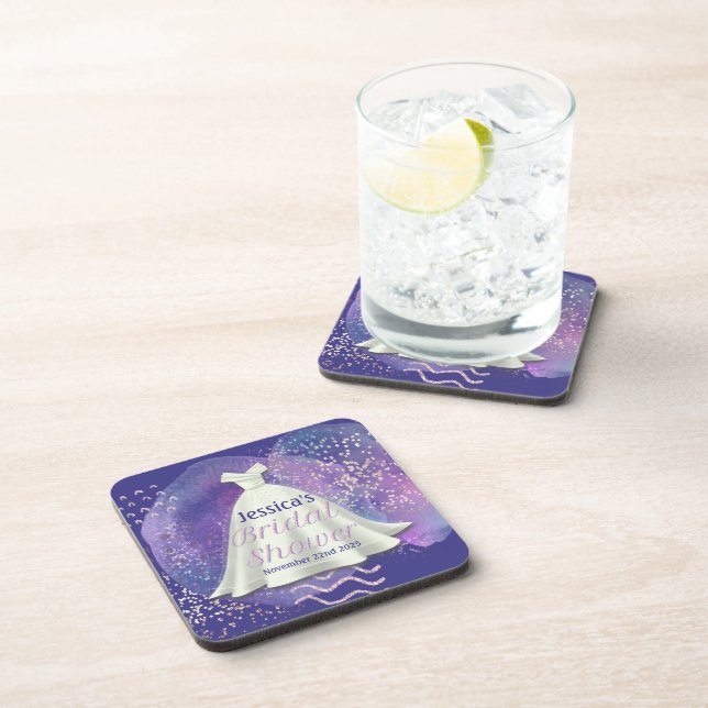 Posavasos Boda Bridal Shower Gown Purple & Rosa Gold Glam (Lado Derecho)