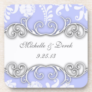 Posavasos Boda de Damasco Floral Blanco y Azul Pálido