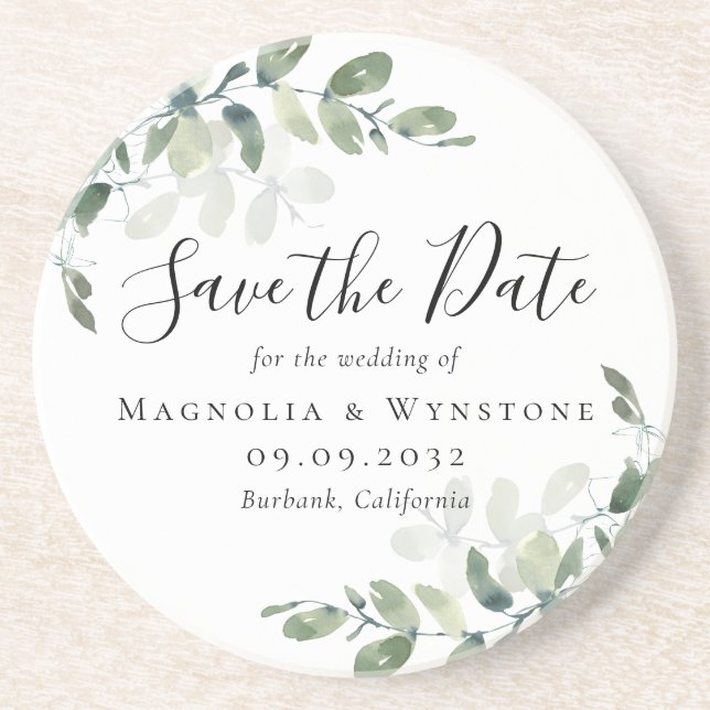 Posavasos Boda de Eucalyptus Salva La Fecha (Frente)