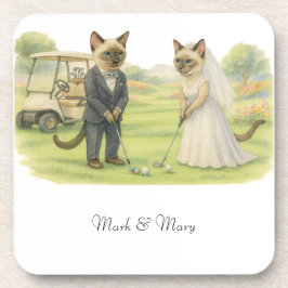 Posavasos Boda de golf para amantes de los gatos estilo acua
