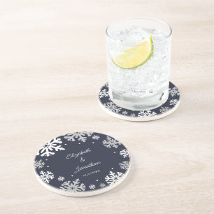Posavasos Boda de invierno con copas de nieve azul de la mar