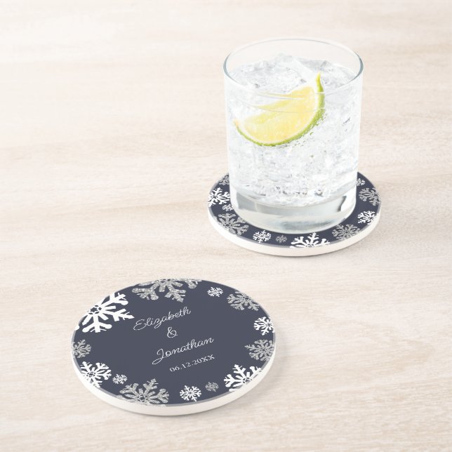 Posavasos Boda de invierno con copas de nieve azul de la mar (Lado)