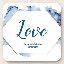 Posavasos Boda de marco dorado de color azul