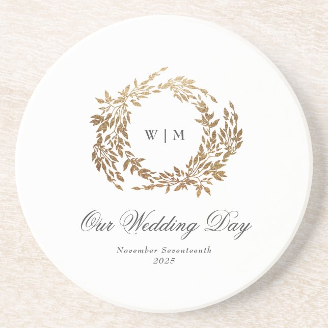 Posavasos Boda de Monograma Clásico Gold Wreath (Frente)