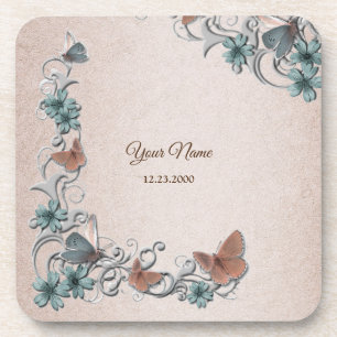 Posavasos Boda Floral Cobre Mariposa Plateado Verdeacuático