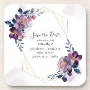 Posavasos Boda Floral Geométrico Morado Guardar la Fecha