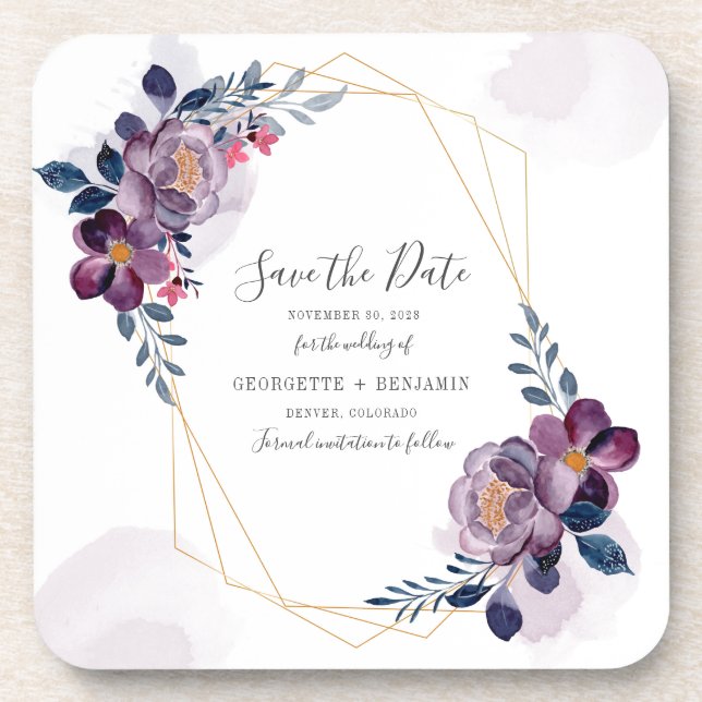 Posavasos Boda Floral Geométrico Morado Guardar la Fecha (Frente)