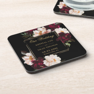 Posavasos Boda floral negra con rubor de borgoña oscuro y me