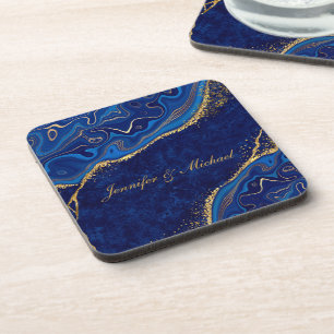 Posavasos Boda moderno dorado y azul elegante nombre persona