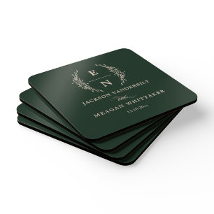 Posavasos Boda Monograma de Iniciales Basadas en el Verde Fo