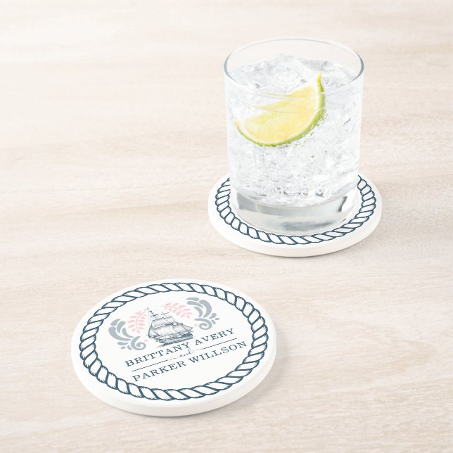 Posavasos Boda Náutico Moderno Personalizado (Lado)