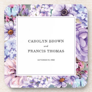 Posavasos Boda personalizado de acuarela morada floral