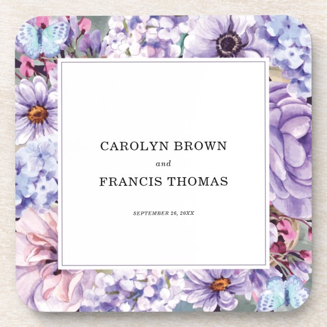 Posavasos Boda personalizado de acuarela morada floral (Frente)
