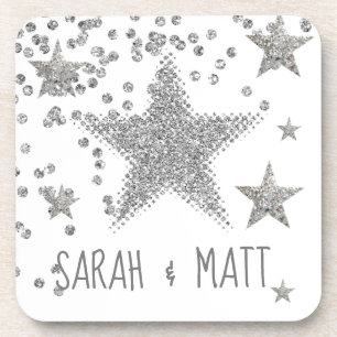 Posavasos Boda personalizado de Sparkly Silver Stars
