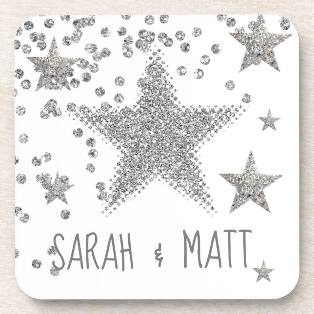 Posavasos Boda personalizado de Sparkly Silver Stars (Frente)