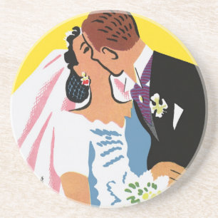 Posavasos Boda Vintage, Novios Recién Casados Besándose