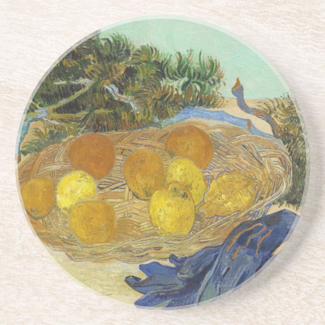 Posavasos Bodegón de naranjas limones guantes azules de Van  (Frente)