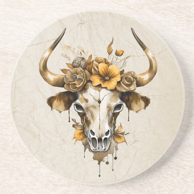 Posavasos Boho Chic Acuarela Floral Cráneo de Vaca (Frente)