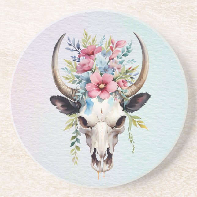 Posavasos Boho Chic Acuarela Floral Cráneo de Vaca (Frente)