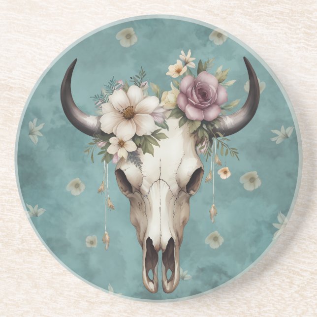 Posavasos Boho Chic Acuarela Floral Cráneo de Vaca (Frente)