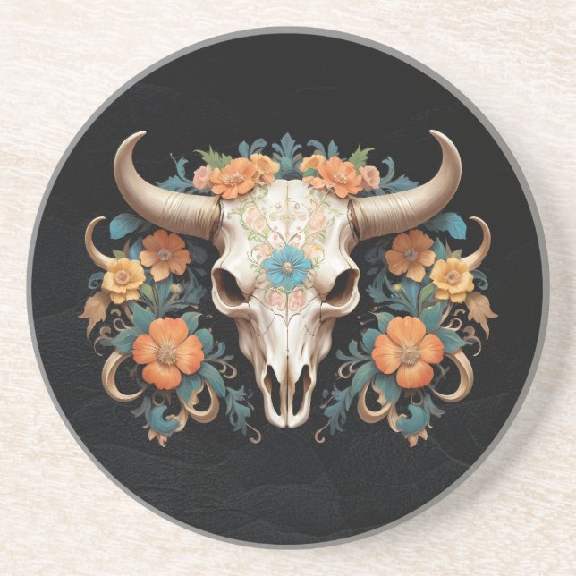 Posavasos Boho Chic Acuarela Floral Cráneo de Vaca (Frente)