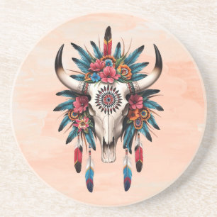 Posavasos Boho Chic Acuarela Floral Tribal Cráneo de Vaca