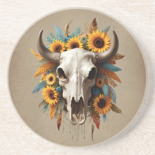 Posavasos Boho Chic Acuarela Girasol Pluma Cráneo de Vaca