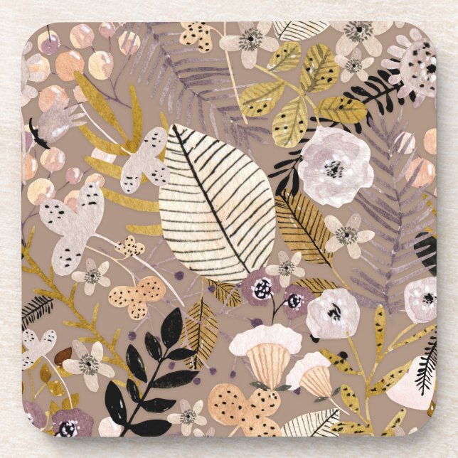 Posavasos Boho Negro Blanco Dorado Melocotón Dibujado Hoja F (Frente)