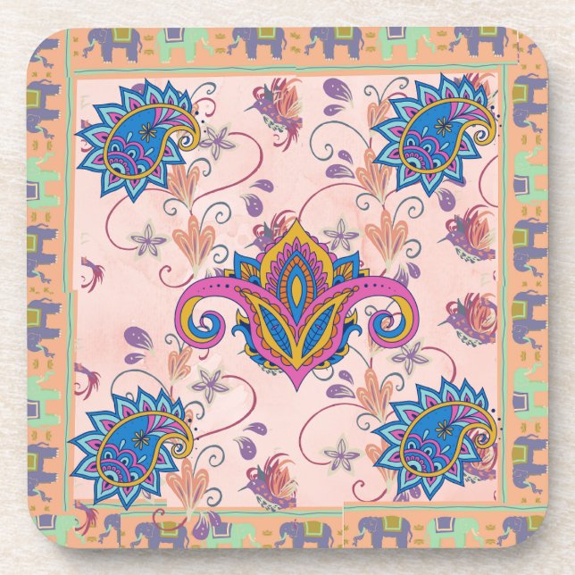 Posavasos Boho paisley and elephant pattern_lmandala artwork (Frente)