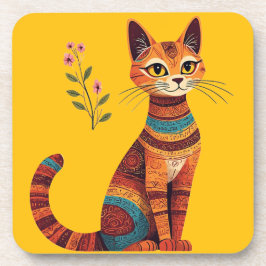 Posavasos Boho Tribal Cat Cute Folk Art with Flowers