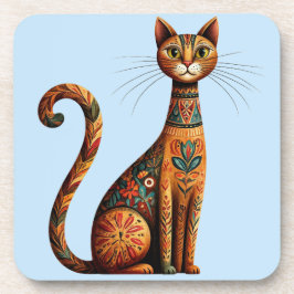 Posavasos Boho Tribal Cat Cute Folk Art with Flowers