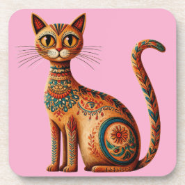 Posavasos Boho Tribal Cat Cute Folk Art with Flowers