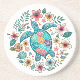 Posavasos Boho Turquoise Floral Sea Turtle - Coastal Round