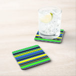 Posavasos Bold Blue Lime Yellow Striped Square Coaster<br><div class="desc">Add a bust of bold color to your table with this vibrant striped square coaster! Featuring a playful palette of deep blue,  vivid lime,  and sunny yellow,  this design brings personality to any setting,  whether you're  hosting guests or enjoying a quiet drink. Stylish,  modern,  and functional.</div>