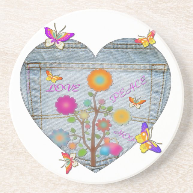 Posavasos Bolsillo de mezclilla Corazón Flores Mariposas (Frente)