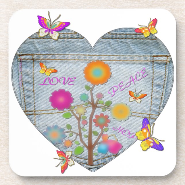 Posavasos Bolsillo de mezclilla Corazón Flores Mariposas (Frente)