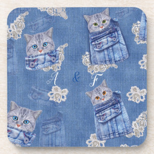 Posavasos Bolsillos de pantalón de mezclilla,Gatos y encaje