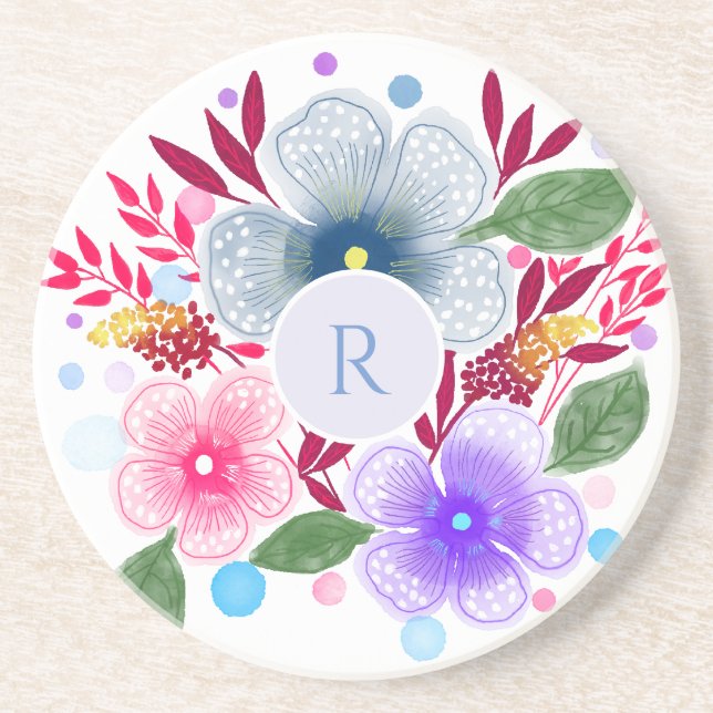 Posavasos Bonito acuarela Floral Bouquet Monograma (Frente)