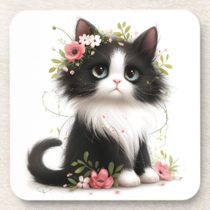 Posavasos Bonito gatito de Tuxedo con flores