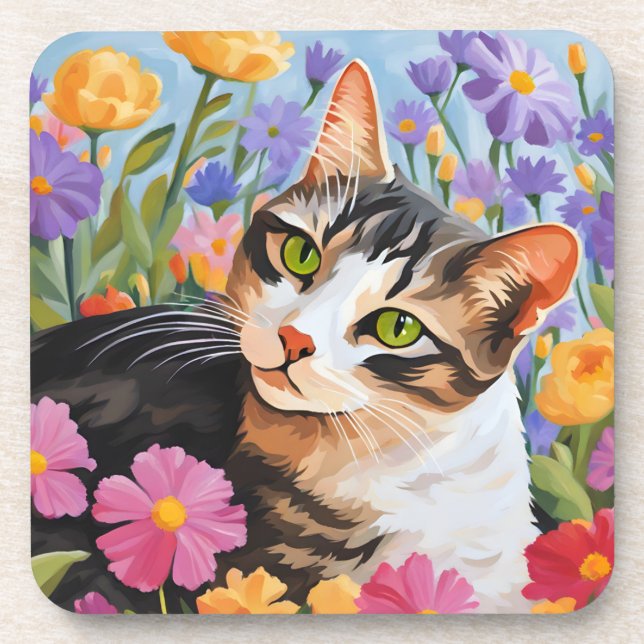 Posavasos Bonito gato con flores (Frente)