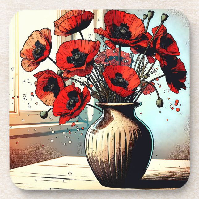 Posavasos Bonito Vase de arte de los Poppies Rojos (Frente)