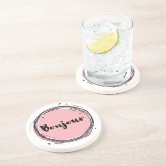 Posavasos Bonjour en rosa sobre blanco