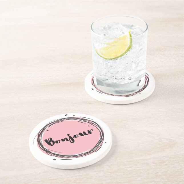 Posavasos Bonjour en rosa sobre blanco (Lado)