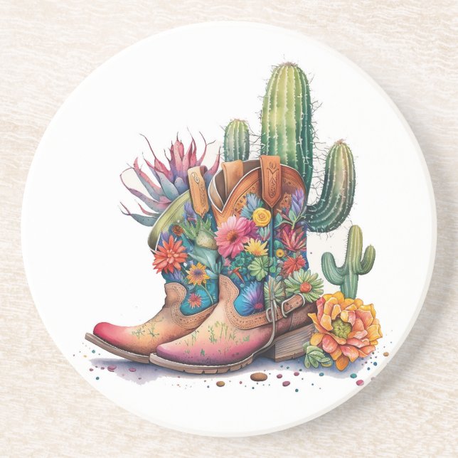 Posavasos Boots y cactus de niña colorida (Frente)